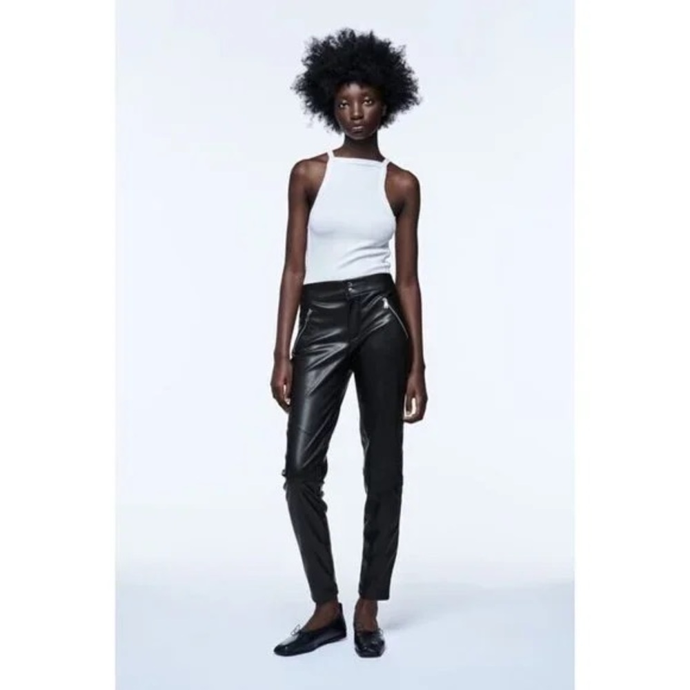 Biker pants black faux leather ankle zip skinny medium rise Zara